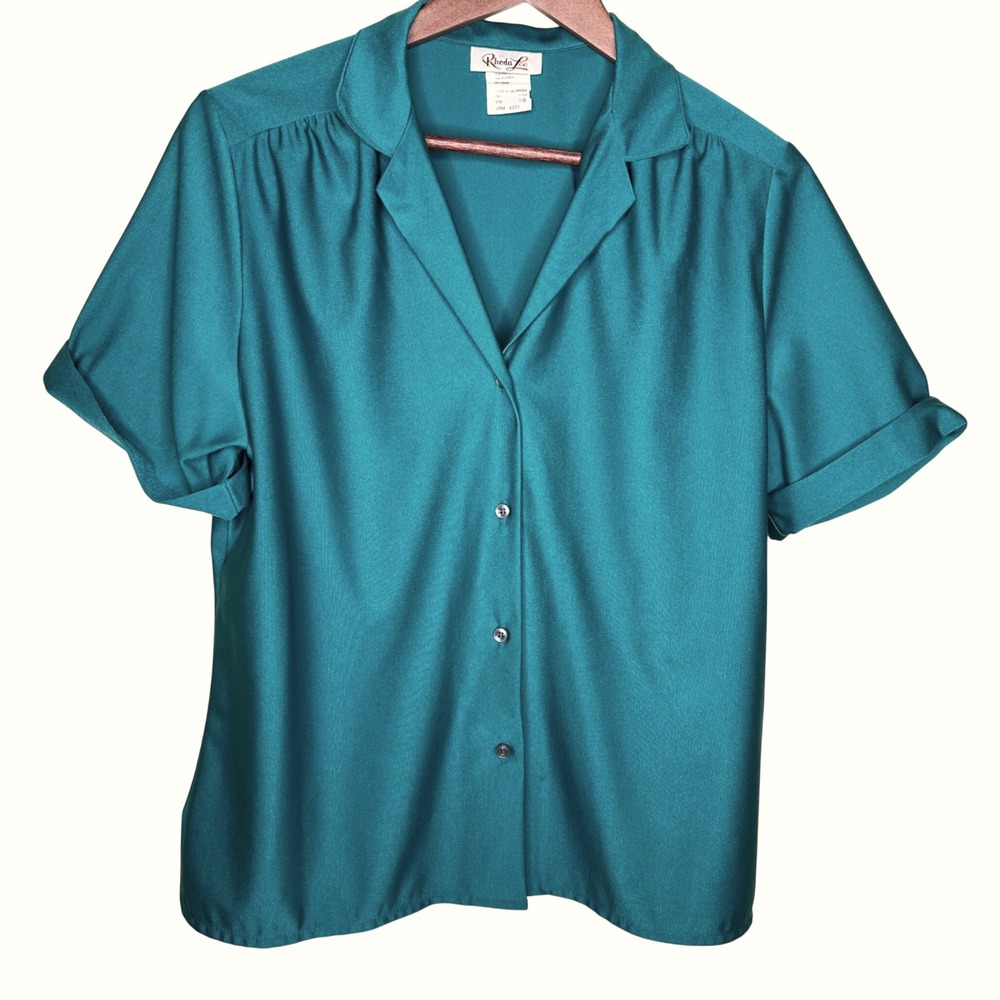 Rhoda Lee Vintage Emerald Green Short Sleeve Button Down Retro Shirt Size 14